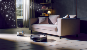 Robot aspirapolvere UV Reveal in funzione su pavimento domestico