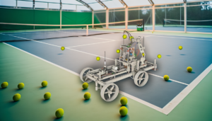 Robot umanoide tennis mentre colpisce una pallina su campo da tennis moderno
