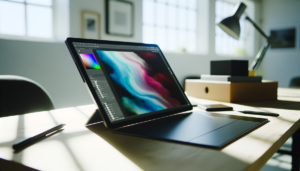 Display 4K della xp-pen artist pro 27 accesa su scrivania di artista digitale