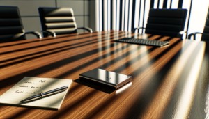 Persone in riunione che usano ai notetaking devices per trascrizione e sintesi.