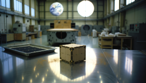 Modello di satelliti legno in orbita per test contro i detriti spaziali