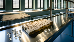 Pietra calcarea con incisioni di gioco da tavolo romano risolta da intelligenza artificiale