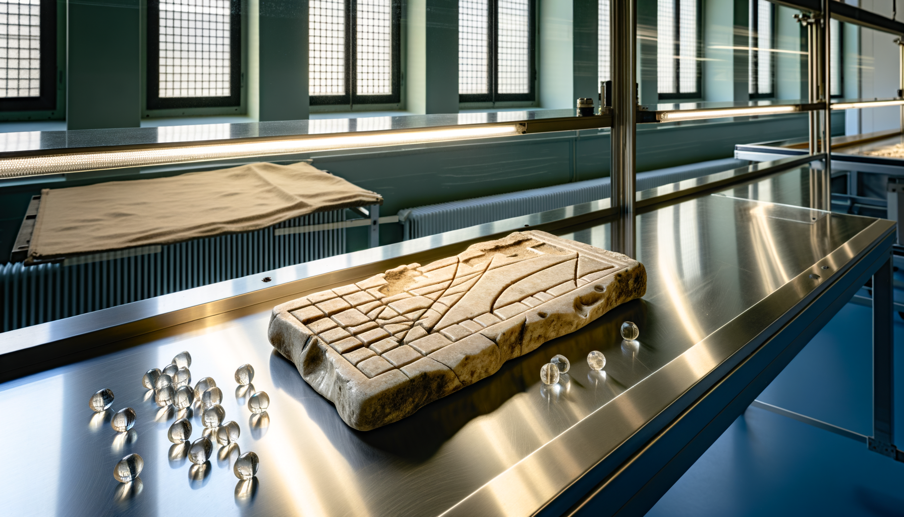 Pietra calcarea con incisioni di gioco da tavolo romano risolta da intelligenza artificiale