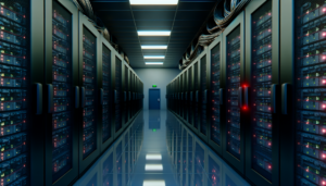 Interno di una sala server con supercomputer cpu only da 2 exaflops senza GPU
