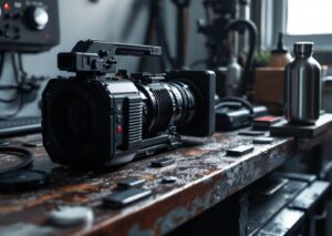 Vista frontale di canon eos r6 v con logo R V e design pensato per il video