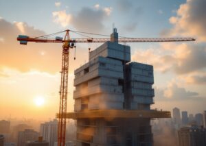 Stampante 3d gru montata su torre per costruire edifici in calcestruzzo