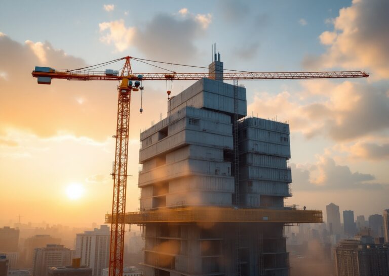 Stampante 3d gru montata su torre per costruire edifici in calcestruzzo