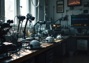Cervello umano collegato a sensori che leggono onde cerebrali per physical AI