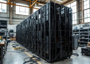Smartphone data center con Google Pixel Fold montati in rack universitario