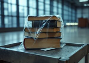 Opere di artisti intelligenza artificiale su tavolo legale, libri digitali davanti a giudice