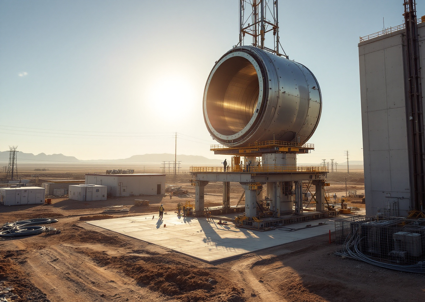 Rendering della macchina per la fusione Pacific Fusion nel cantiere del New Mexico