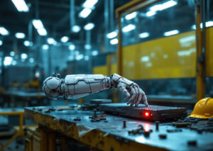 Pelle robot intelligente su umanoidi Generative Bionics in una fabbrica moderna