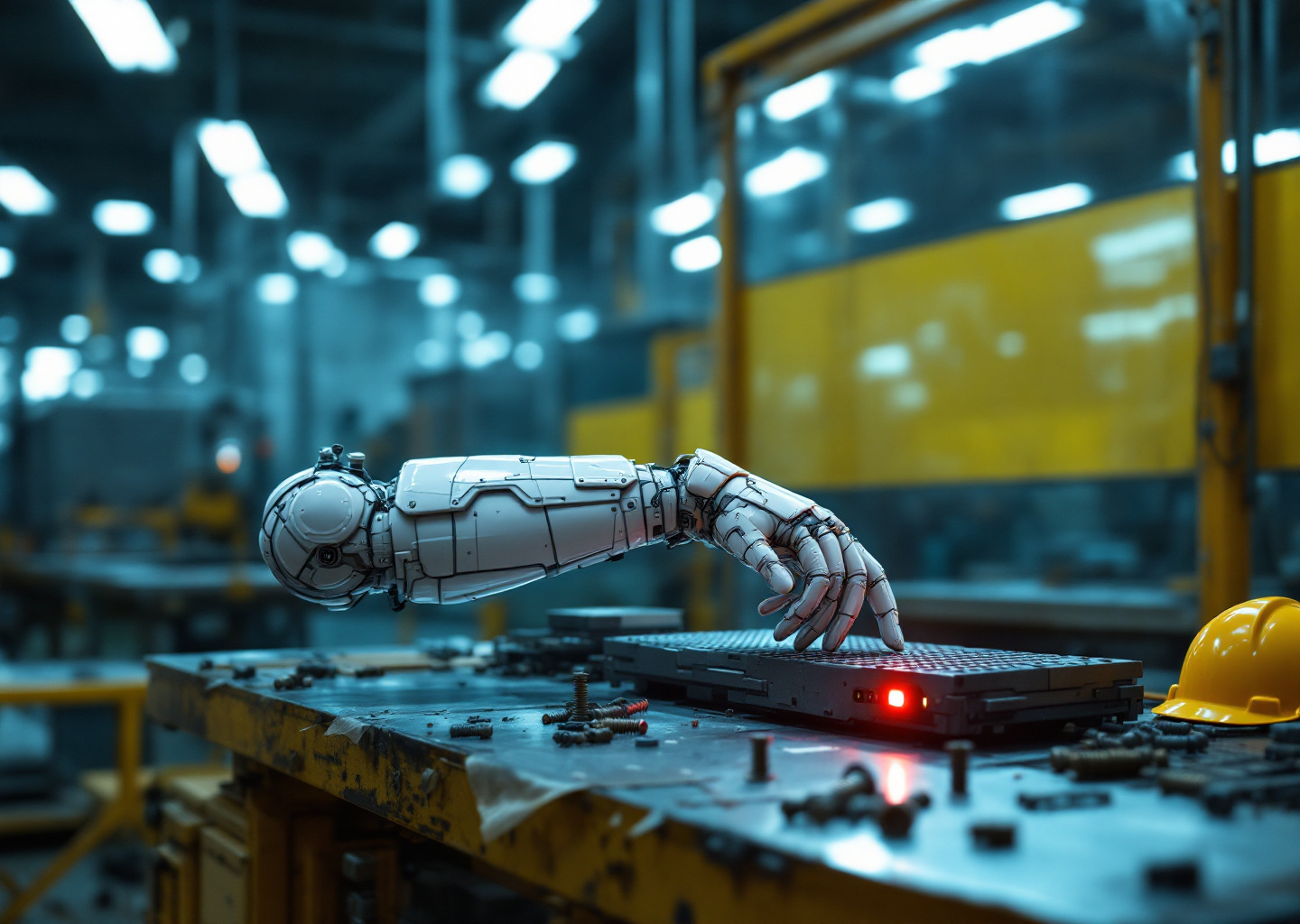 Pelle robot intelligente su umanoidi Generative Bionics in una fabbrica moderna