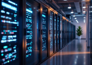 Ricercatore osserva risultati di self-improving AI su schermo digitale avanzato
