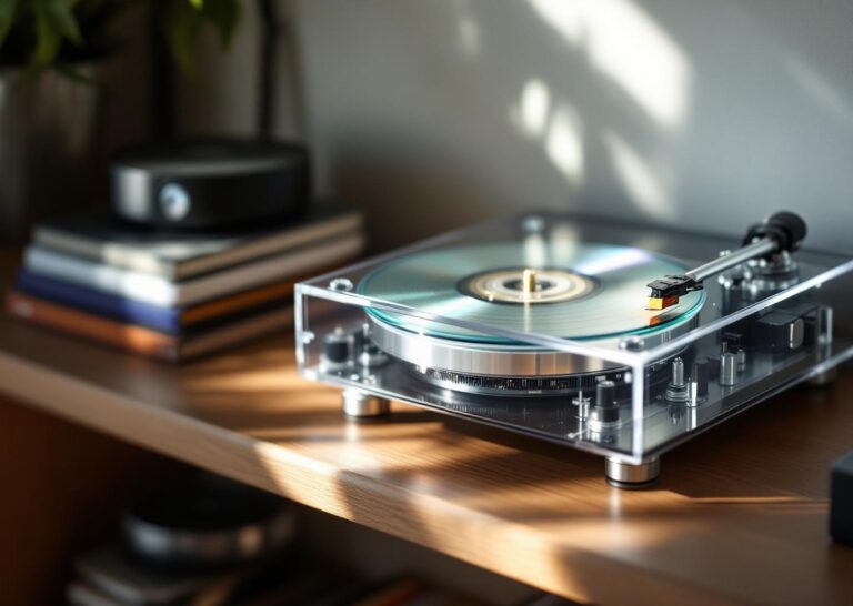 Player cd trasparente SYITREN RM1 con disco visibile in rotazione