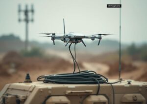 Drone vincolato usa collegato a un veicolo durante test di sorveglianza militare