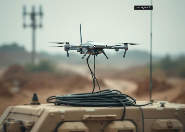 Drone vincolato usa collegato a un veicolo durante test di sorveglianza militare