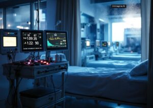 Medico indiano analizza dati AI in healthcare su monitor remoto