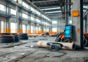 Assistenti AI in cantiere per crisi lavoro edilizia con smartphone e occhiali smart