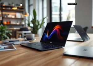 Surface Laptop Ultra con RTX Spark N1X acceso e schermo visibile su scrivania moderna