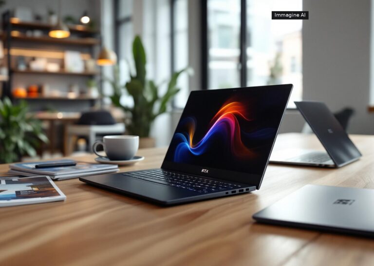 Surface Laptop Ultra con RTX Spark N1X acceso e schermo visibile su scrivania moderna
