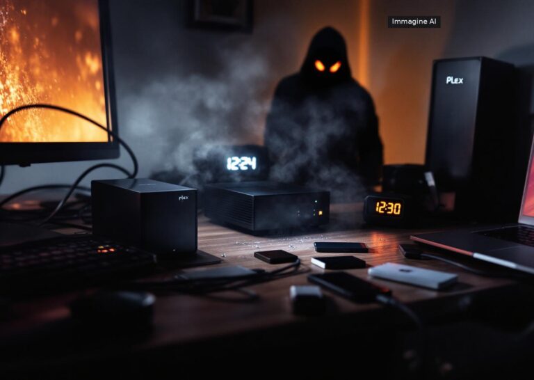 Schermata di server multimediale con avviso su vulnerabilità plex e rischio malware