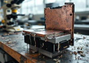 Dettaglio microscopio su dissipatore con liquid metal TIM dopo due anni di utilizzo