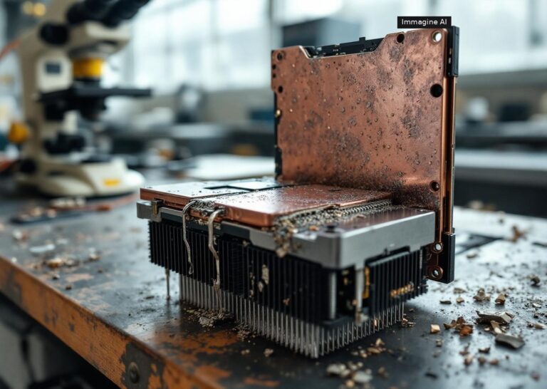Dettaglio microscopio su dissipatore con liquid metal TIM dopo due anni di utilizzo