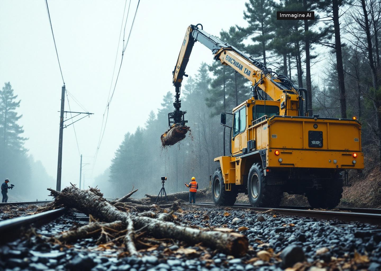 Robot motosega giappone al lavoro sulla manutenzione dei binari ferroviari
